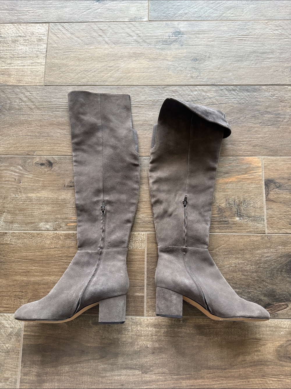 Over-the-Knee Suede Block Heel Boots in Taupe